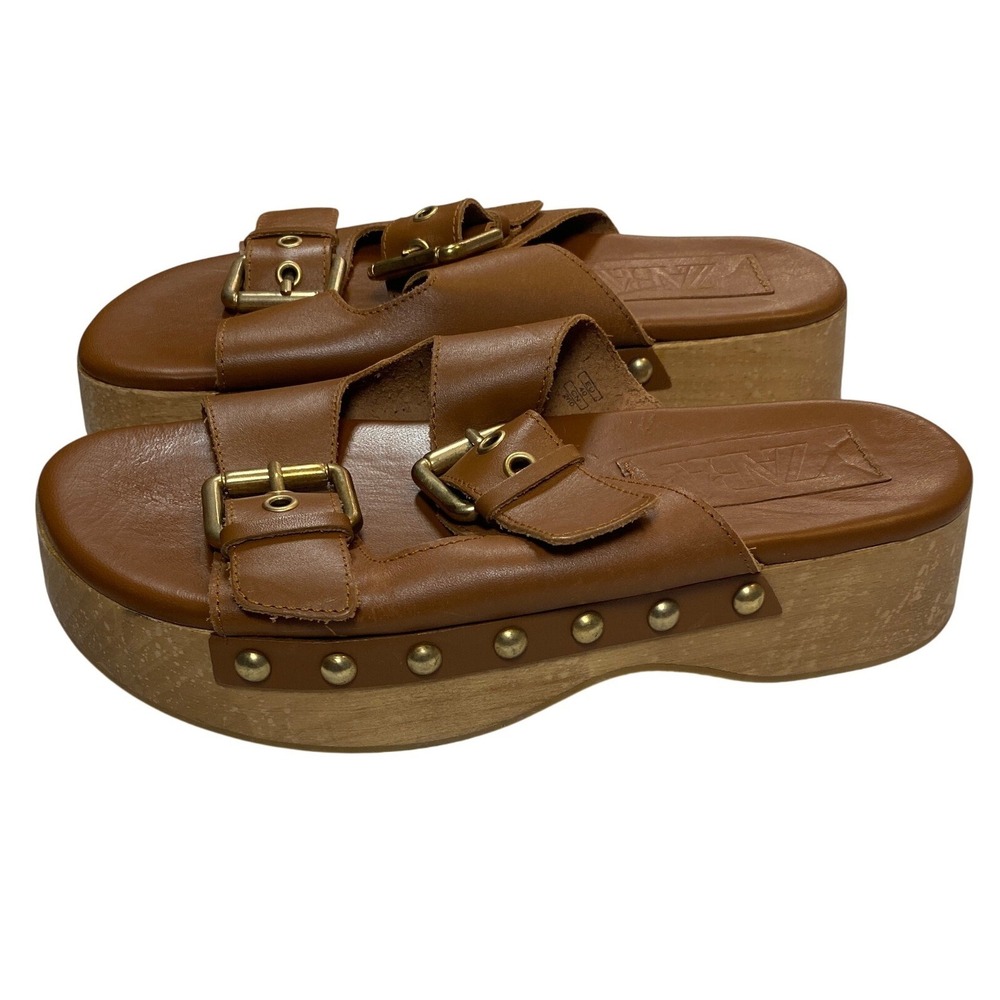 ZARA‎ Women Tan Leather Double Buckle Platform Slide Sandals Wood Heel EU 40